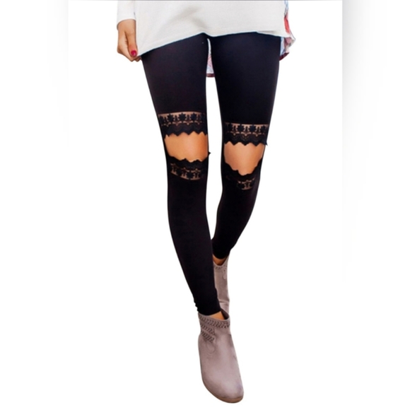 Pants - Lace Open Knee Black Leggings